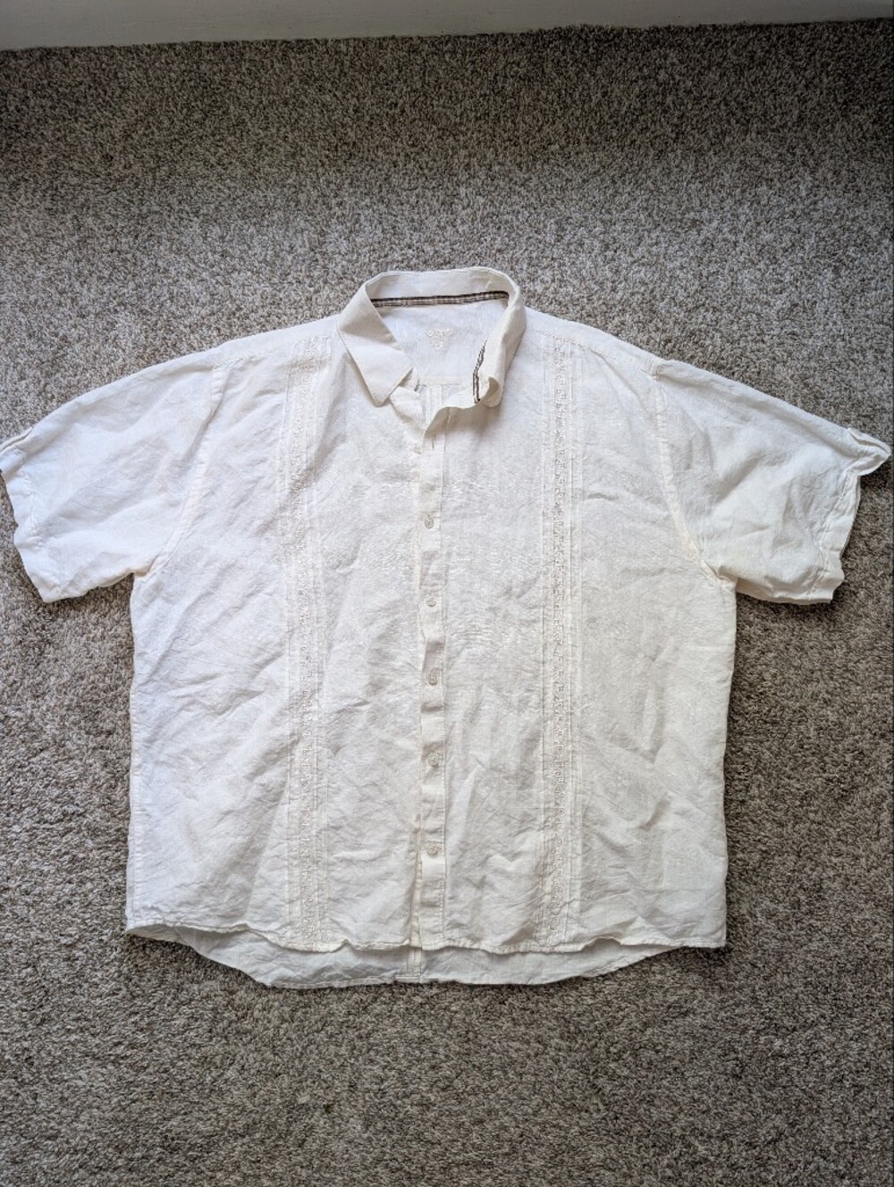 Men's Short-Sleeve Button-Up Linen Cotton Shirt Off-White With Embroidery Sz XL